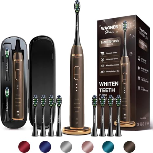 Wagner Stern IntelliBrush Series Whitening Electric Toothbrush with Pressure Sensor. Offers 4 Brushing Modes, 3 intensities, 8 Soft Brush Heads, and a Luxury Travel case. Espresso