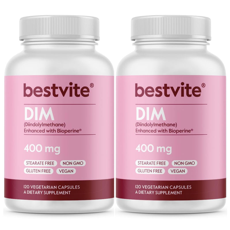 BESTVITE DIM (Diindolylmethane) 400mg w/Bioperine (240 Veg Caps) (120x2) | High Strength - Vegan - No Stearates - Gluten Free - Supports Estrogen Metabolism* - Hormone Balance for Men & Women* 120 Count (Pack of 2)