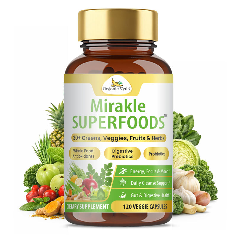 Organic Veda Mixed Greens Veggies Super Fruits Antioxidants Supplement with Digestive Pre & Probiotics - Mirakle Superfoods 40+ Organic Whole Food Nutrients, Vitamin C, Resveratrol - 120 Capsules