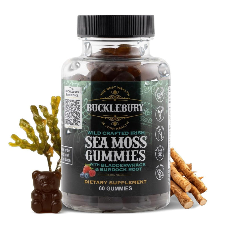 BUCKLEBURY Wild Crafted Irish Sea Moss Gummies with Bladderwrack & Burdock Root - Natural Chewable Multivitamin Vegan Sea Moss Gummies for Immune, Thyroid & Digestive Support - 60 Count