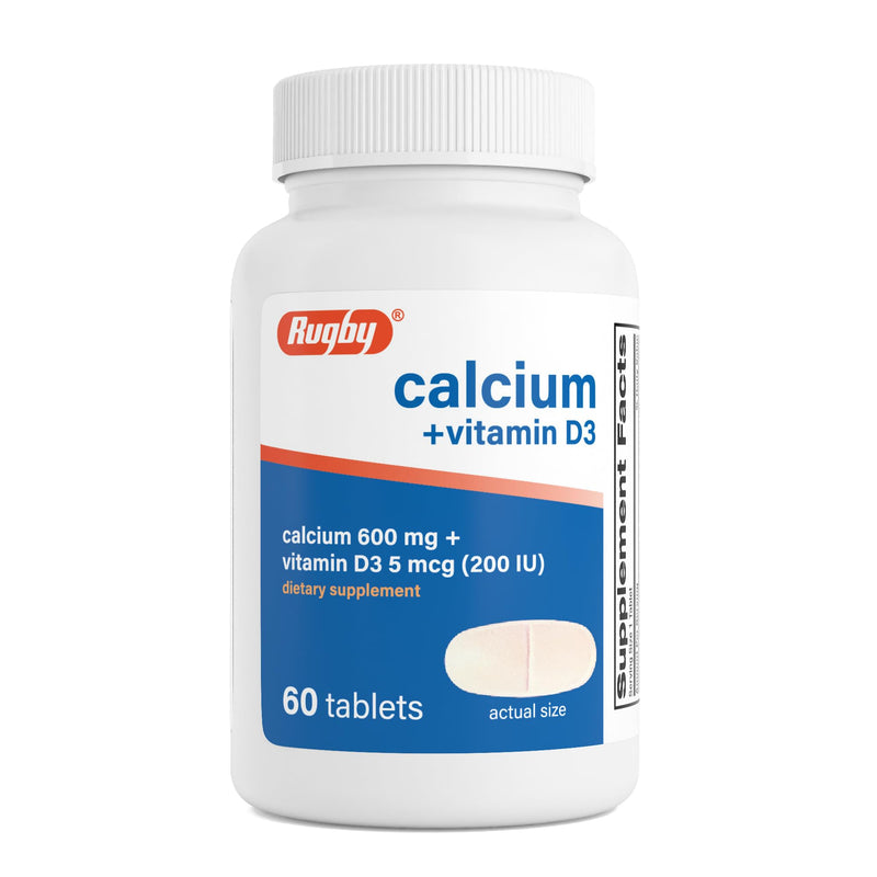 Rugby Calcium 600 mg + Vitamin D3 200IU (5 mcg) Tablets, 60 Count | Gluten-Free Dietary Supplement for Bone Health and Calcium Absorption, No Artificial Colors, Flavors and Preservatives