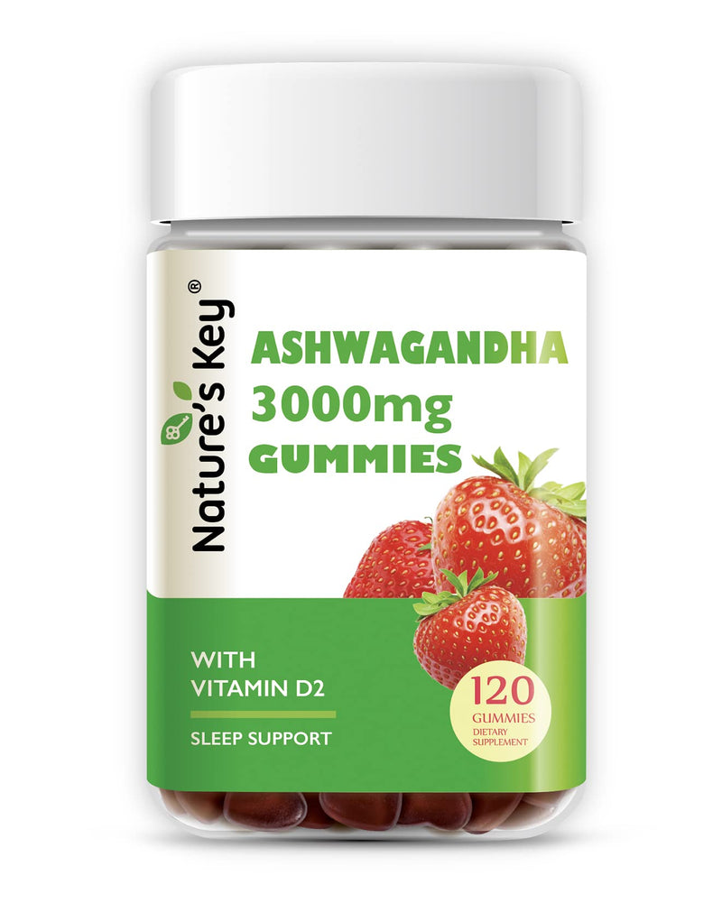 Nature's Key Ashwagandha Gummies, High Potency Ashwagandha Root Extract with Vitamin D2, for Men & Women, Stress, Calm Mood & Cognition, Strawberry Flavor (120 Count (Pack of 1) 120 Count (Pack of 1)