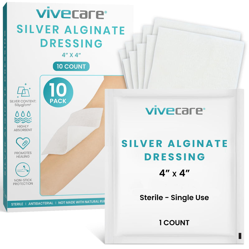 ViveCare Silver Calcium Alginate Wound Dressing (10 Pack)- Sterile 4x4 Medical Gauze Pad - Wound Care for Burns, Cysts and Ulcer Treatment - Highly Absorbent Individual Patch - Non-Stick Padding 4x4 (10 Pack) - BeesActive Australia
