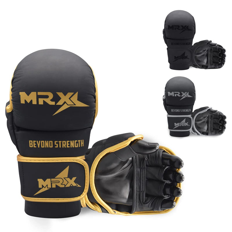 MRX MMA Professional Protective Grappling Gloves 7oz Muay Thai Training Kickboxing Punching Sparring Sports Cage Fighting Combat Glove Boxing Punching Glove Mitts Black Golden S/M