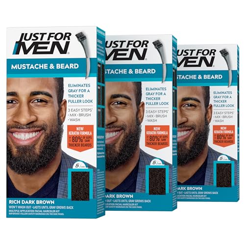 JUST FOR MEN Mustache & Beard Dye, Keratin, Rich Dark Brown M-47 (3 Pack) 1 Count (Pack of 3)