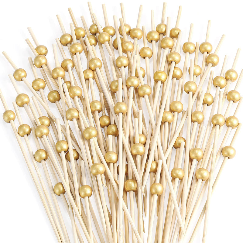 200 Pcs Cocktail Picks, 4.7 Inch Toothpicks for Appetizers, Bamboo Cocktail Sticks Skewers for Drinks, Desserts, Charcuterie, Wedding Party Fancy Toothpicks, Gold Pearl Mini Food Picks Decorative 200 Pcs Gold - BeesActive Australia