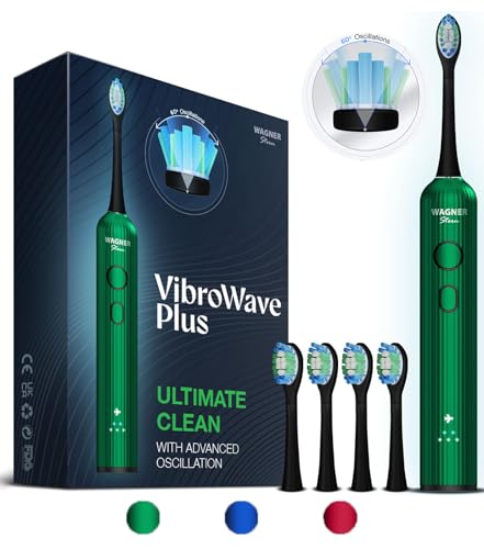 Wagner Stern VibroWave Plus Oscillation & Vibration Sonic Electric Toothbrush with 4 Brush Heads. IPX7 Waterproof. Mint Mirage