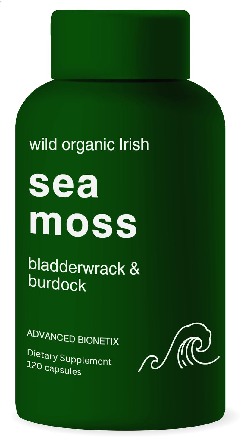 Advanced Bionetix Organic Irish Sea Moss Capsules, Raw Wildcrafted Seamoss Enhanced w/Bladderwrack & Burdock Root Capsules 120 Total Pills Antioxidant Packed. Prebiotic Superfood, Thyroid Support 120 Count (Pack of 1)