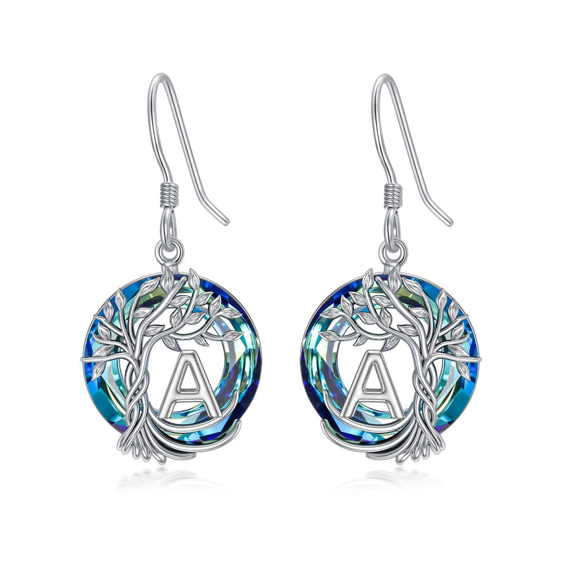 TOUPOP Earrings for Women Tree of Life Earrings with A-Z Initial Letter 925 Sterling Silver Hooks Drop Earrings Tree Dangle Earrings with Blue Circle Crystal Birthday Jewelry Gifts for Women Girls Friends - BeesActive Australia
