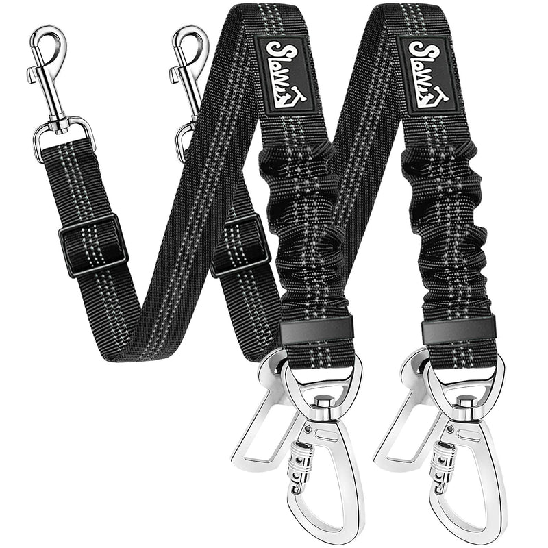 SlowTon Dog Seatbelt, 2 Pack Dog Seat Belt Car Leash Adjustable Elastic Bungee Buffer Heavy Duty Nylon Reflective Pet Safety Tether Connect to Dog Harness for Travel Riding in Vehicle (Daul Clip, B) Black Seatbelt Clip + Carabiner - BeesActive Australia