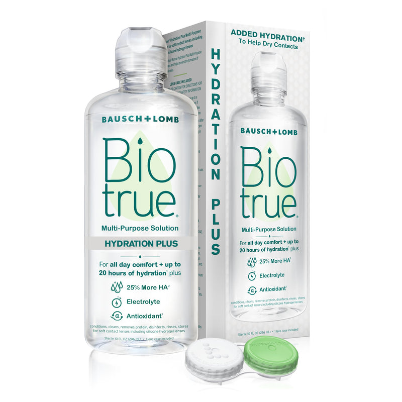 Biotrue Hydration Plus Contact Lens Solution with Lens Case, Multi-Purpose Solution for Soft Lenses, Hydrates with Hyaluronan, Cleans, Clears, and Disinfects for All-Day Comfort, 10 Fl Oz (Pack of 1) 10 Fl Oz (Pack of 1)