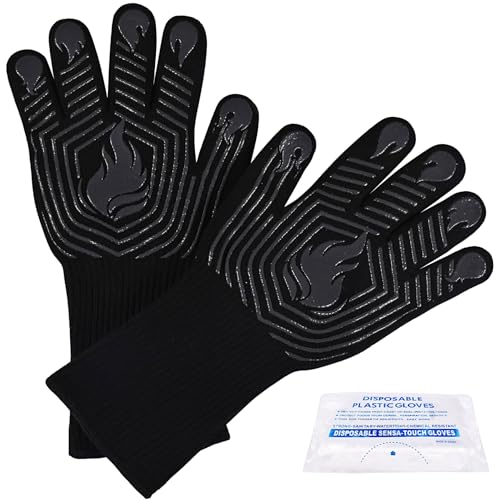 BBQ Gloves, 1472°F Heat Resistant Fireproof Silicone Oven Mitts, Black