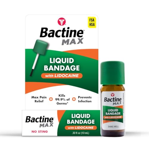 Bactine MAX Liquid Bandage with Lidocaine, Wound Cleaning Solution That Kills 99% of Germs, Covers and Protects Skin, Fast-Drying Protective Seal, 0.30 fl oz 0.30 Fl Oz, pack of 1
