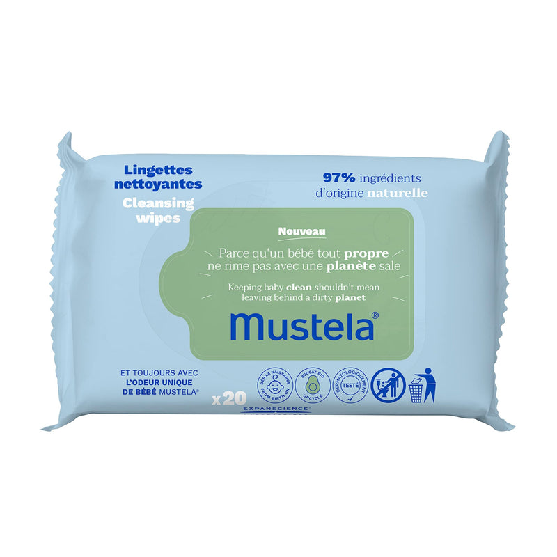 Mustela Baby Cleansing Wipes with Natural Avocado - For Face, Body & Diaper Area - Made with Compostable & Plastic Free Fibers - Lightly Scented - 20 or 60 ct. - 1, 3 or 6-Pack 20 Count (Pack of 1)