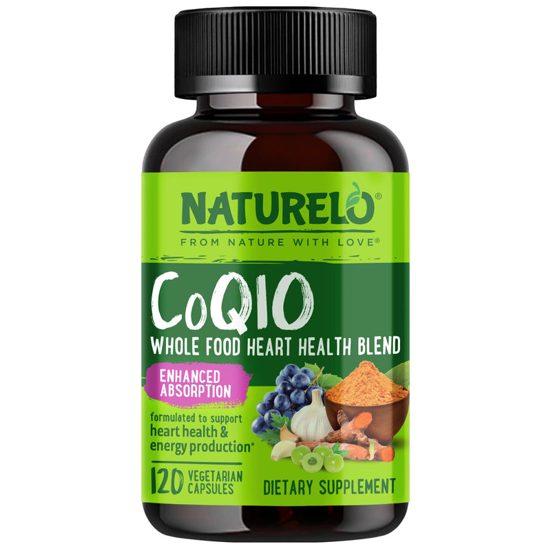 NATURELO Whole Food CoQ10 Supplement, 120 Vegetarian Capsules | Heart Health Blend, Powerful Antioxidant, CoQ10 100mg Supports Energy Production Unflavored 120 Count (Pack of 1)