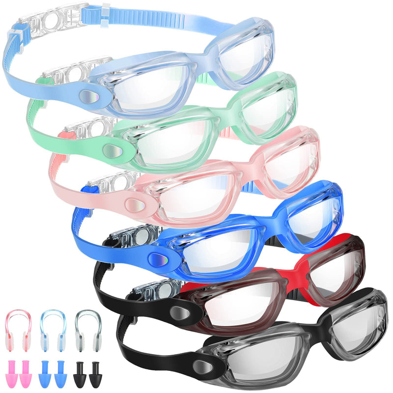 Flutesan 6 Pack Swimming Goggles Adult Kids Anti Fog Pool Goggles with Ear Plugs Nose Clip No Leaking Full Protection Fresh Color 6.3 x 1.6 Inches