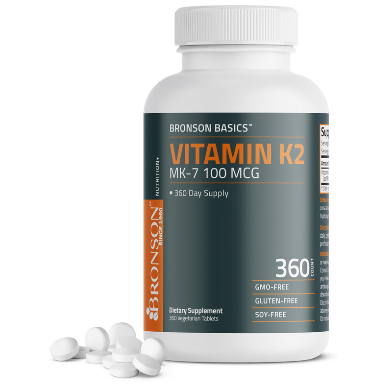 Bronson Vitamin K2 MK-7 100 mcg, K2 as MK7 Menaquinone, 360 Tablets | Helps Transport Calcium to Bones, Biologically Active Longer than Vitamin K1, Non-GMO, Gluten-Free & Soy-Free Unflavored 360 Count (Pack of 1)