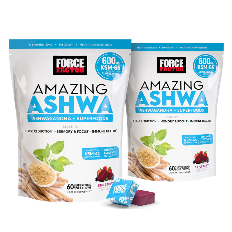 Force Factor Amazing Ashwa, Ashwagandha Supplement for Stress Relief | Memory, Focus, and Immune Support with KSM-66 Ashwagandha for Stress, Triple Berry, 120 Soft Chews 60 Count (Pack of 2)
