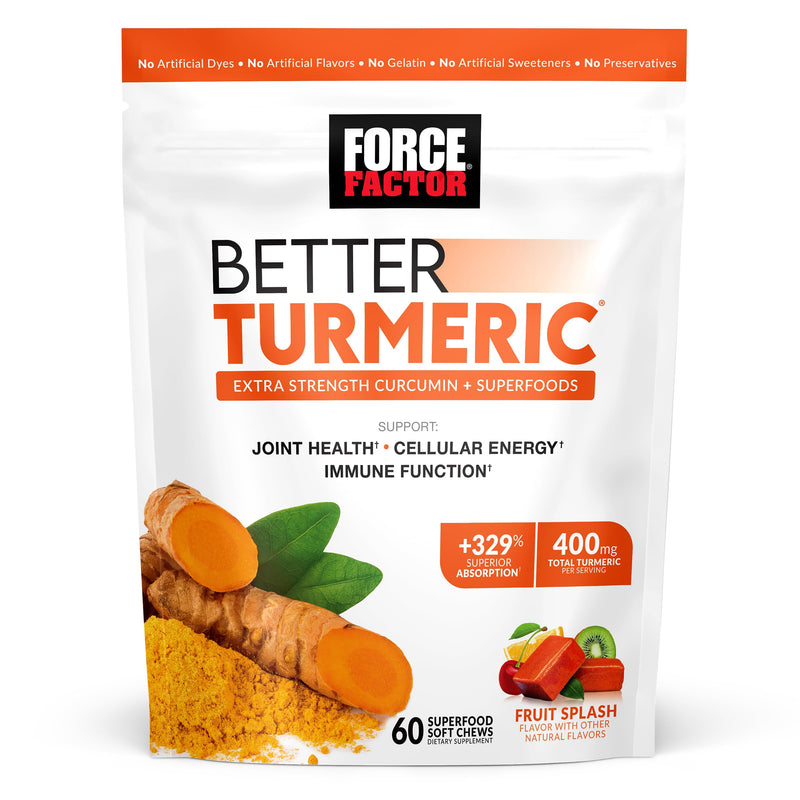 Force Factor Better Turmeric Joint Support Supplement for Extra Strength Joint Health, Featuring HydroCurc Turmeric Curcumin with Black Pepper for Superior Absorption, Fruit Splash, 60 Soft Chews 60 Count (Pack of 1) - BeesActive Australia