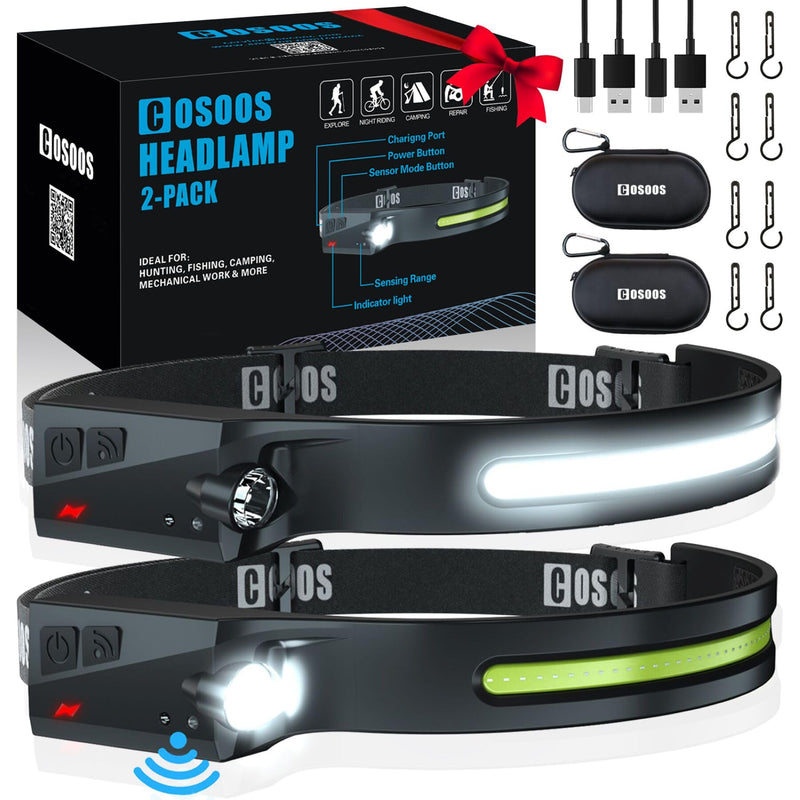 COSOOS 2 Rechargeable Headlamp Flashlight & Carry Case, Bright LED Head Lamp Outdoor, Wide Beam & Spot Light, Motion Sensor, 2.4 oz Lightweight Headband Headlights for Hardhat Camping Accessories White Light - BeesActive Australia