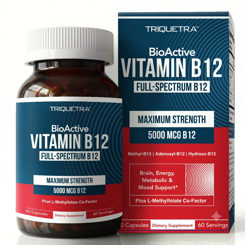Triquetra Health Vitamin B12 5000mcg Complex, Methylated Methylcobalamin for Women & Men with Hydroxocobalamin, & Adenosylcobalamin, Supports Energy, Metabolism & Mood, Vegan, Non-GMO (60 Servings) 60 Count (Pack of 1)