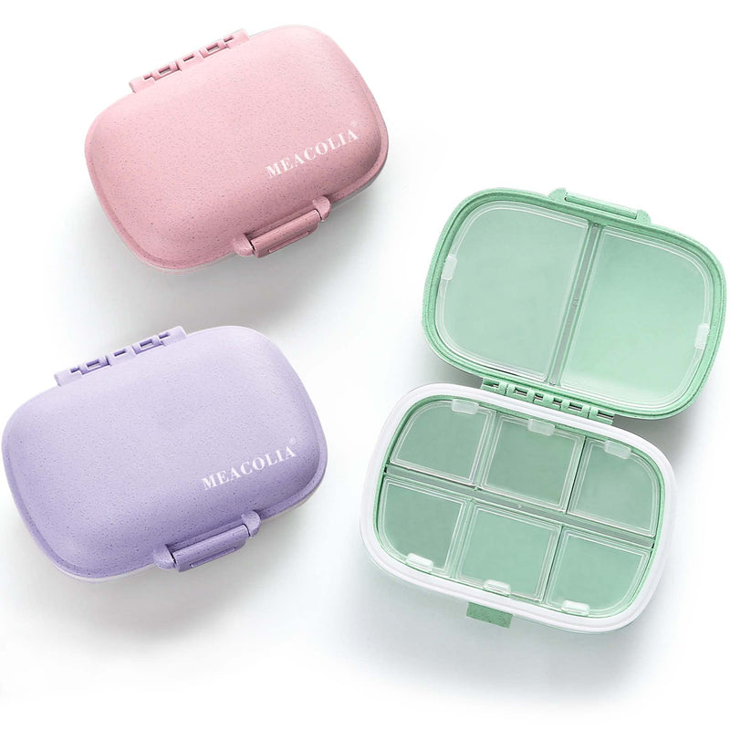 MEACOLIA 3 Pack 8 Compartments Travel Pill Organizer, Daily Pill Case Small Pill Box for Pocket Purse, Portable Pill Container Medicine Vitamin Organizer (Purple, Green, Pink) Green,pink,purple 3 Count (Pack of 1) - BeesActive Australia
