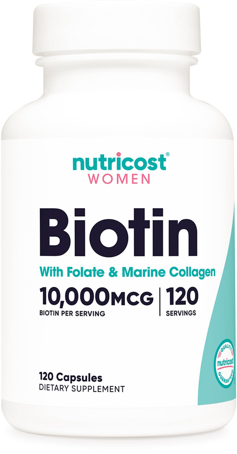 Nutricost Biotin for Women (10,000mcg) 120 Capsules, with Folate & Collagen | Gluten-Free, GMO-Free