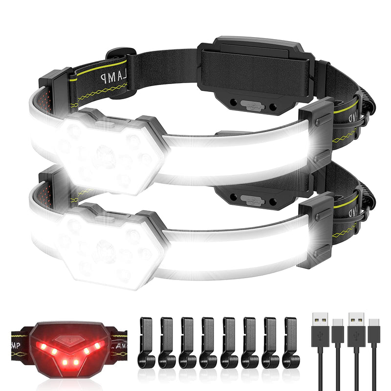 EXIN DECHEN LED Headlamp Rechargeable, 1200 Lumen Super Bright Headlamp Flashlight, 270° Wide Beam LED Headlamps with Red Taillight, 8 Mode Lightweight Waterproof Head Lamp Black 2pack-Y012