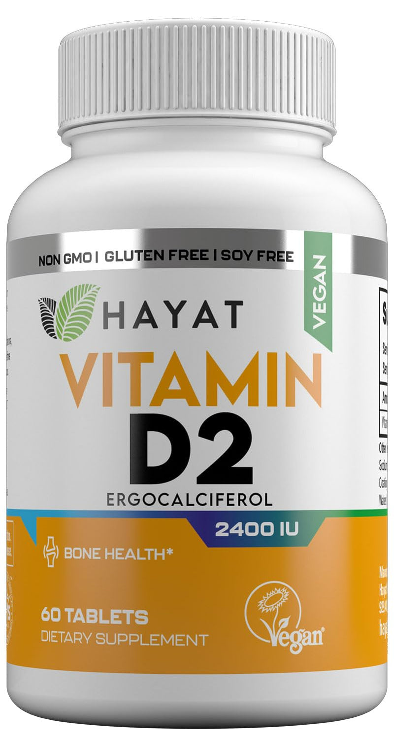 HAYAT Vitamins Vegan Vitamin D2 2400 IU (60 MCG), Dietary Supplement for Bone, Teeth, Muscle and Immune Health Support, 2 Month Supply, All Natural, Certified Halal, 60 Tablets, Made in The USA