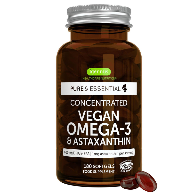 Igennus Vegan Omega 3 Algae Oil, EPA DHA 600mg, 180 Softgels | IAOS-certified triglyceride-form algae oil with 400mg DHA, 200mg EPA and astaxanthin; 90 servings Unflavored 180 Count (Pack of 1)