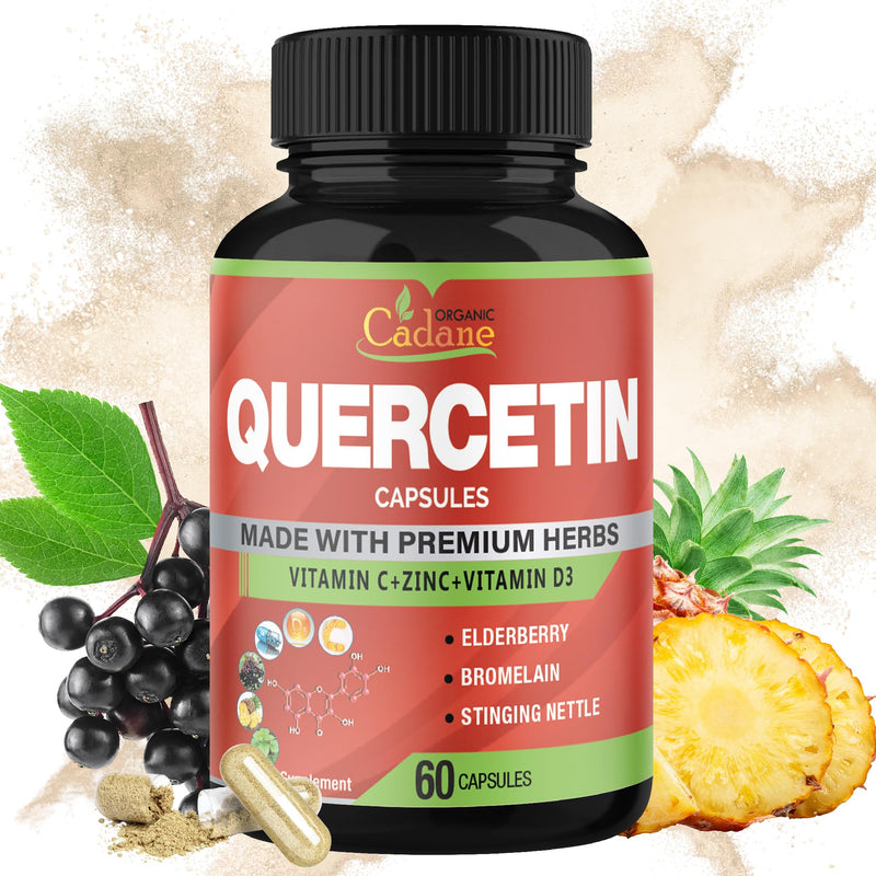 Organic Cadane Quercetin Extract Capsules - Combined with VitC, Zn.C, VitD3, Elderberry, Bromelain, Nettle, Ginger, Echinacea, Garlic, Pepper - 60 Capsules