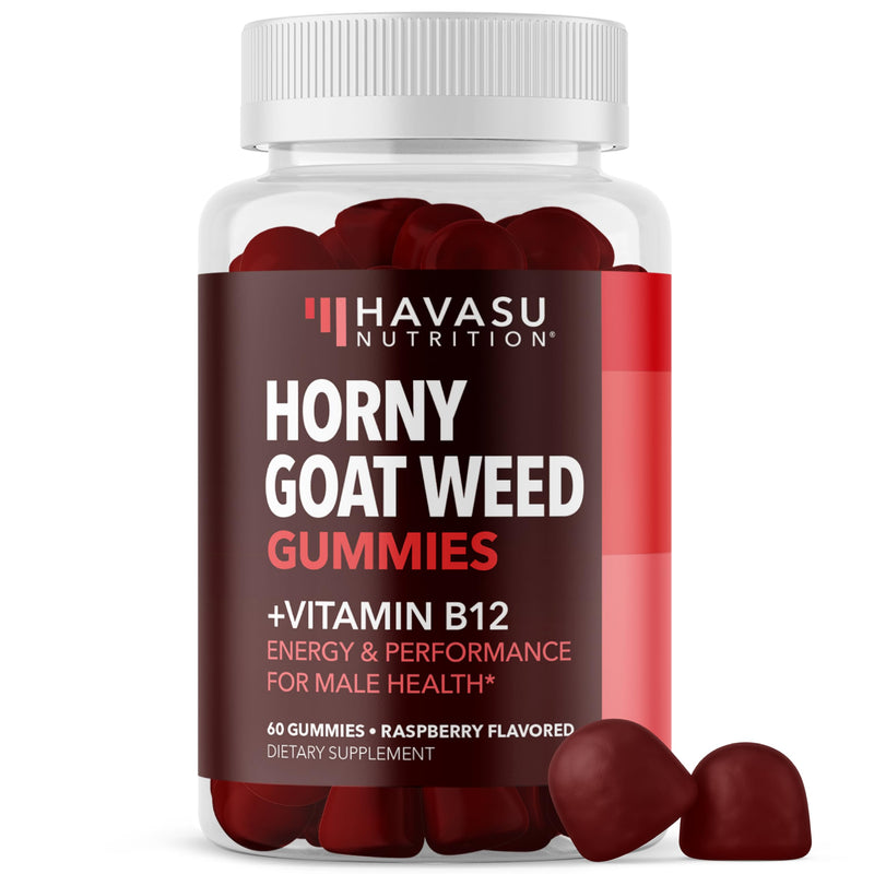 Horny Goat Weed Gummies with Vitamin B12, Raspberry Flavor, 30 Servings | Vegan, Non-GMO Horny Goat Weed Gummies to Support Drive, Vitality and Performance for Men, 60 Count, 1-Month Supply 60 Count (Pack of 1)