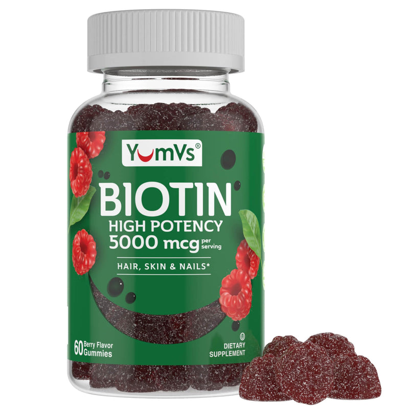 YumVs Biotin Gummies 5000mcg - Luscious Raspberry Flavor - Thicker Faster Hair Growth Gummies for Women or Men - Hair, Skin & Nails Vitamins - Hair Gummies - Vegetarian Biotin Supplement (60 Count) 60 Count (Pack of 1)