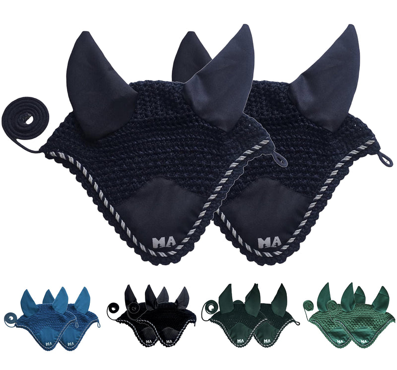 Majestic Ally Handcrafted Crochet Fly Veil Set - includes 2 Pieces with Ear Nets and Braided Rope for Horses (Navy) Navy - BeesActive Australia