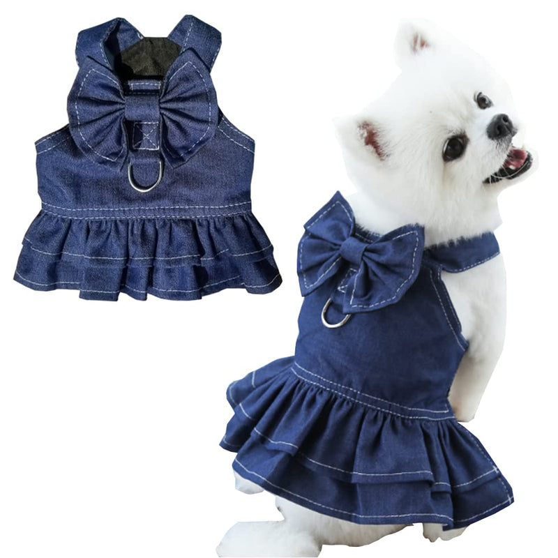 ANIAC Denim Dog Dresses for Small Dogs Puppy Girl Clothes with Leash Ring and Cute Bow Knot Summer Cat Apparel with D-Ring Blue Girl Dog Clothes (Dark Blue,Small) Skirt