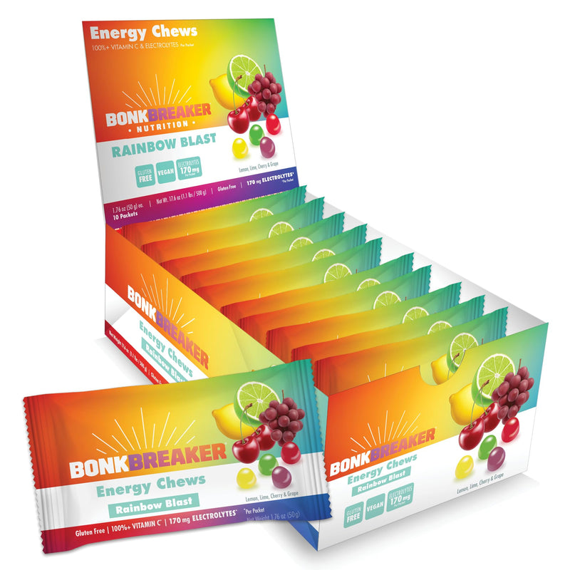 Bonk Breaker Energy Chews, Dairy-Free, Gluten-Free Ingredients to Provide Quick Energy and Focus, 1 Box of 10 Packets, Rainbow Blast - BeesActive Australia