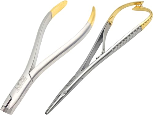 Bundle of Distal End Cutter 5.3" Gold Plated Handle w/Tungsten Carbide Inserts & Mathieu Pliers 5.5" Gold Plated Handle w/Tungsten Carbide Inserts Orthodontics Stainless Steel by Artman Instruments