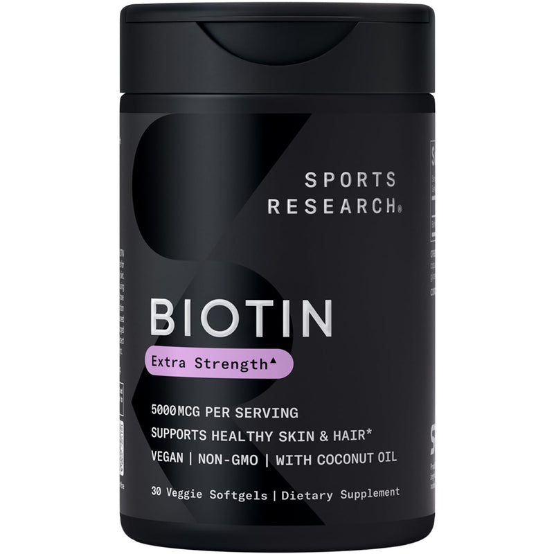 Sports Research® Biotin 5,000mcg w/Coconut Oil, 30 Count Plantgels™ | Extra Strength Vegan Biotin (Vitamin B7) for Healthy Skin and Hair Support | Non-GMO, Gluten & Soy-Free, 30 Servings