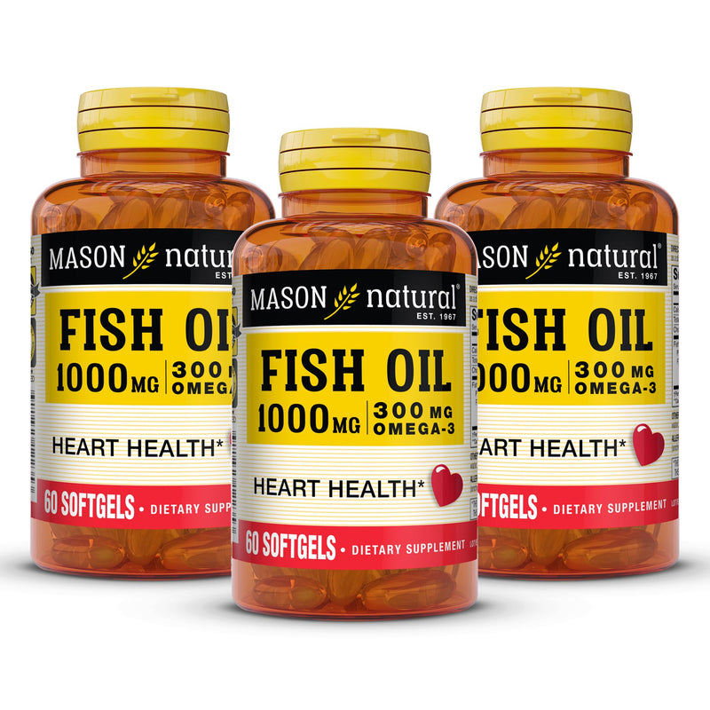 MASON NATURAL Omega-3 Fish Oil 1000mg with EPA & DHA, 180 Day Supply | 300mg omega-3 per serving with 180mg EPA & 120mg DHA to support normal cognitive & joint function; 180 softgel pills 60 Count (Pack of 3)