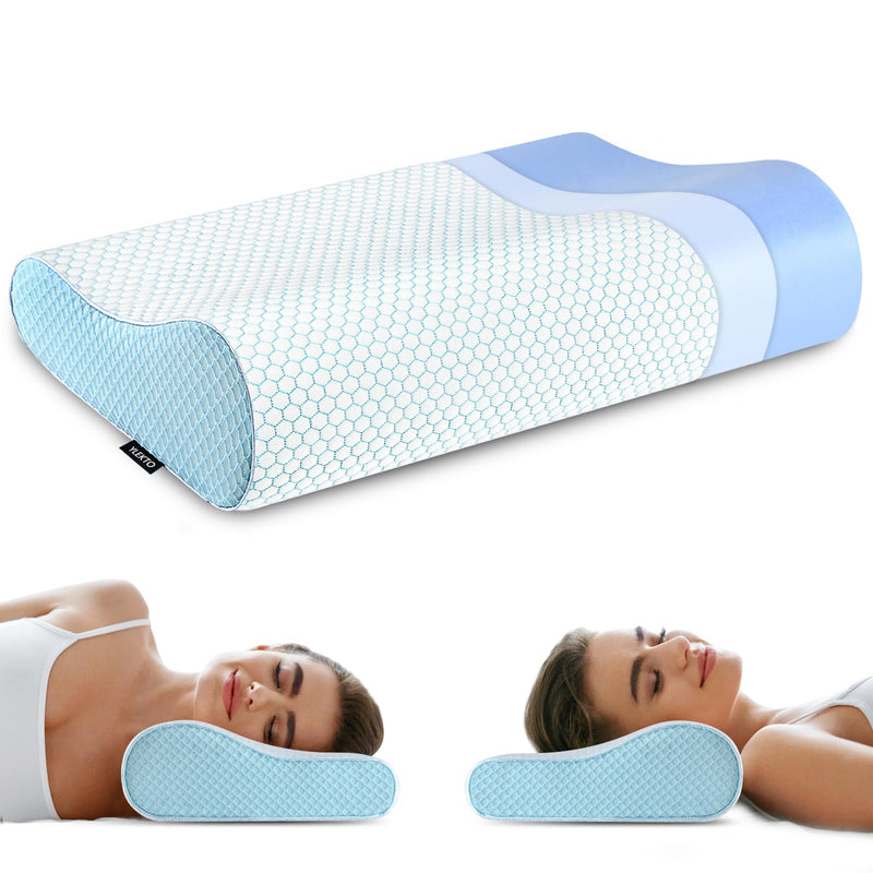 Memory Foam Pillows , Neck Pillow Queen Size Bed for Sleeping , Ergonomic Cervical Support Side Back Stomach Sleeper , Orthopedic Contour and Shoulder Pain Blue Queen(23.6*14*4.9inches)
