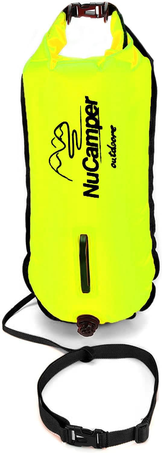 NuCamper Swim Buoy for Open Water Swimmers With Adjustable Waist Belt, Waterproof Dry Bag, Swim Bubble For Safty Swimming, Training Snorkeling, Kayaking, Diving, Boating, Large Capacity 28L Yellow - BeesActive Australia