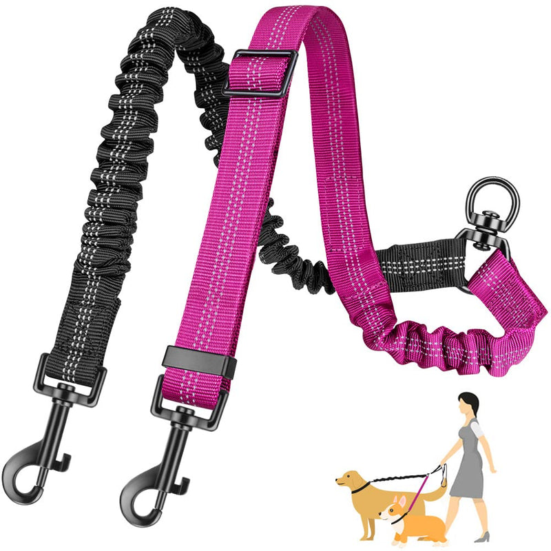 Two Dog Lead, 2 in 1 Upgraded Double Dog Leash Attachment Combine Adjustable Strap and Shock Absorbing Bungee No Tangle Dual Training Splitter for Different Size Dogs Fuchsia - Medium - BeesActive Australia