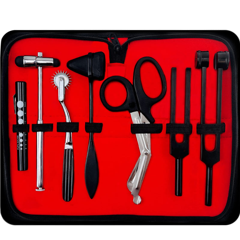 Diagnostics Kit - Percussion Taylor Reflex Hammer + C 128 & C 512 Tuning Forks + Bandage Scissors + Pupil Gauge Pen Light + Buck Hammer + Pin Wheel in Carrying Case - 8 Pieces Set - Full Black Full Black 8 Pcs
