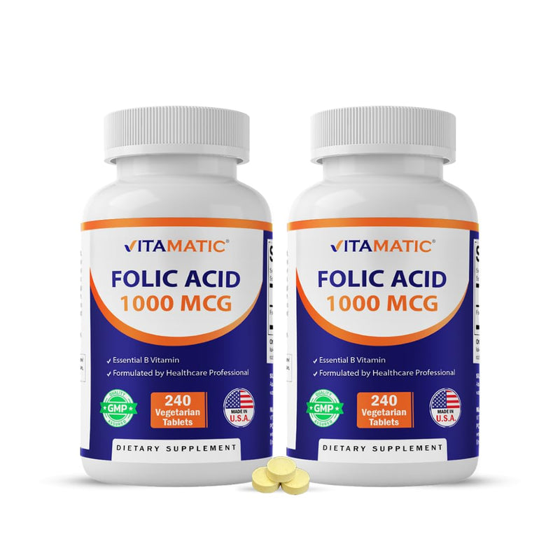 Vitamatic Folic Acid 1000 mcg (1 mg), 240 Tablets, 2 Pack | Vegetarian 480 Count (Pack of 1)