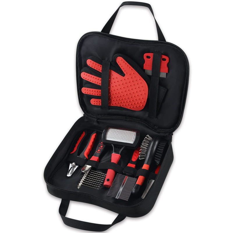 Wisedog Pet Grooming Kit - Pin & Bristle Brush, Slicker Brush, Dematting Tool, Nail Clipper, Hair Removal Mitts, Flea Comb for Dogs and Cats (Reddish-black) reddish-black - BeesActive Australia