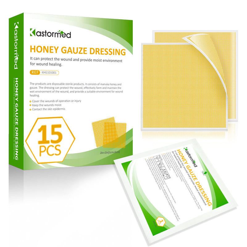 Manuka Honey Wound Care, Honey Gauze Dressing 2" x 2" - Pack of 15, 100% Medical Grade Honey Patch for Faster Healing from Burns, Abrasions, Cuts and Lacerations. Honey Gauze 2'' x 2'' - 15 Pack