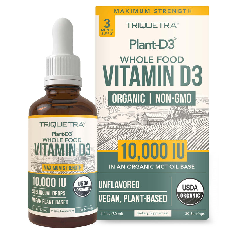 Organic Vitamin D3 10,000 IU - Plant D3, Vegan, Max Strength Sublingual Liquid D3 Drops - 200% Higher Absorption, 100% Plant-Based Cholecalciferol Form & Vegan D3, Adjustable Dosing (30 Servings) 1 Fl Oz (Pack of 1)