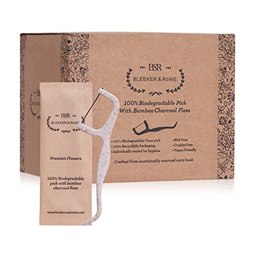Bleeker and Rowe 100% Biodegradable Individually Wrapped Floss Picks - Eco Friendly Flossers 150 Pack (Biodegradable Bamboo Charcoal Floss)… Biodegradable Bamboo Charcoal Floss