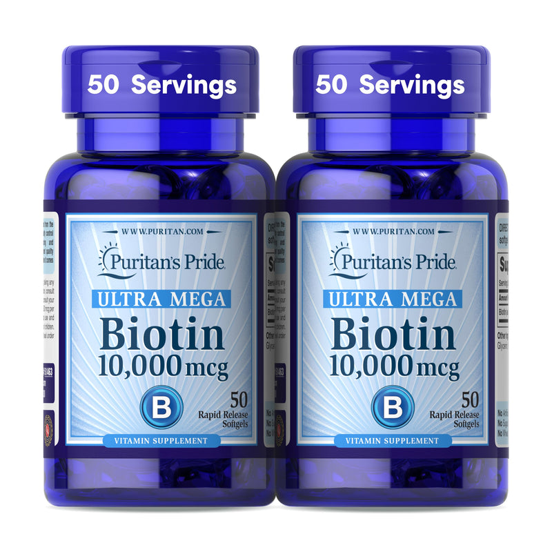 Puritan's Pride Premium Ultra Mega Biotin 10,000mcg, Dietary Supplement for Healthy Hair, Skin, Nails, and Energy Metabolism Support, 100 Day Supply, 50 Rapid Release Softgels, 2 Pack 50 Count (Pack of 2)