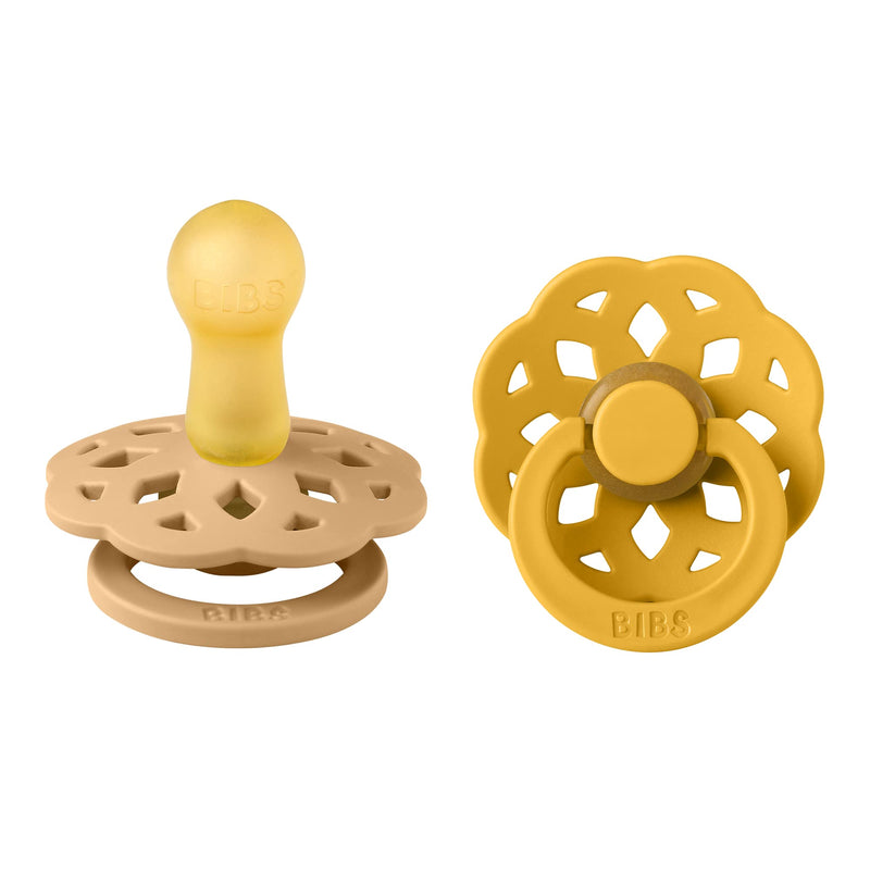 BIBS Boheme Pacifiers 2 Pack BPA Free Cherry Shape Nipple Natural Rubber Latex Made in Denmark | Sand/Honey Bee - BeesActive Australia